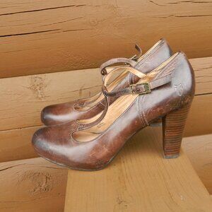 Vtg Frye Heel Miranda T-Strap Shoes Leather9 M Hippie Mod Festival Boho